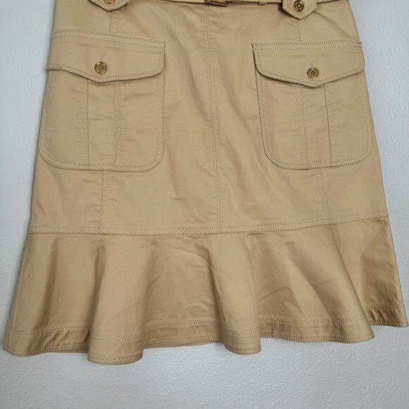 Tory Burch khaki pocket ruffle flare hem belted Dacey skirt 4 - Picture 5 of 11